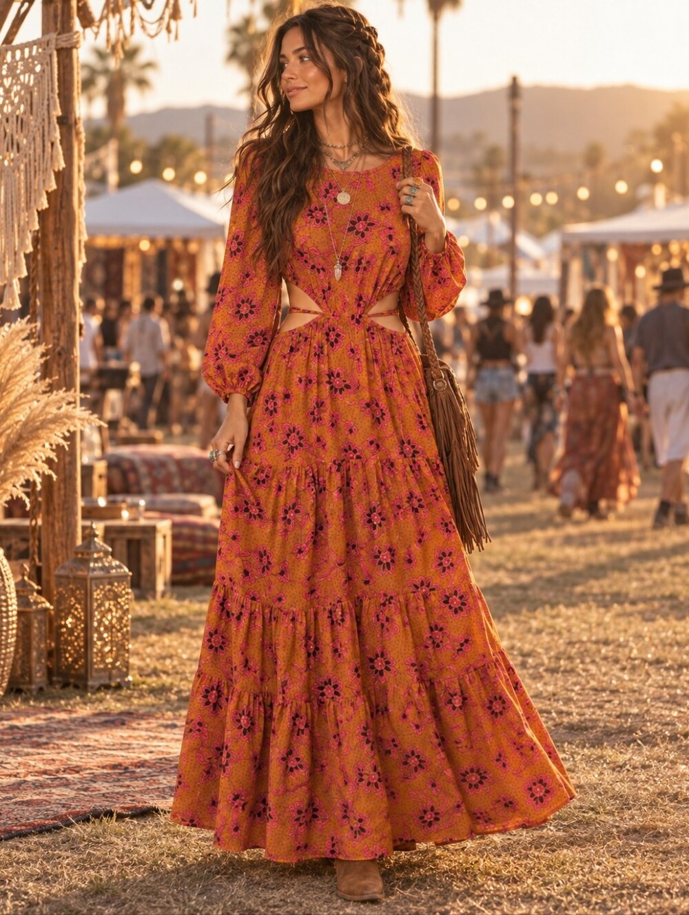 Jessica Simpson Boho Floral Cutout Maxi Dress Size L Bell Sleeve